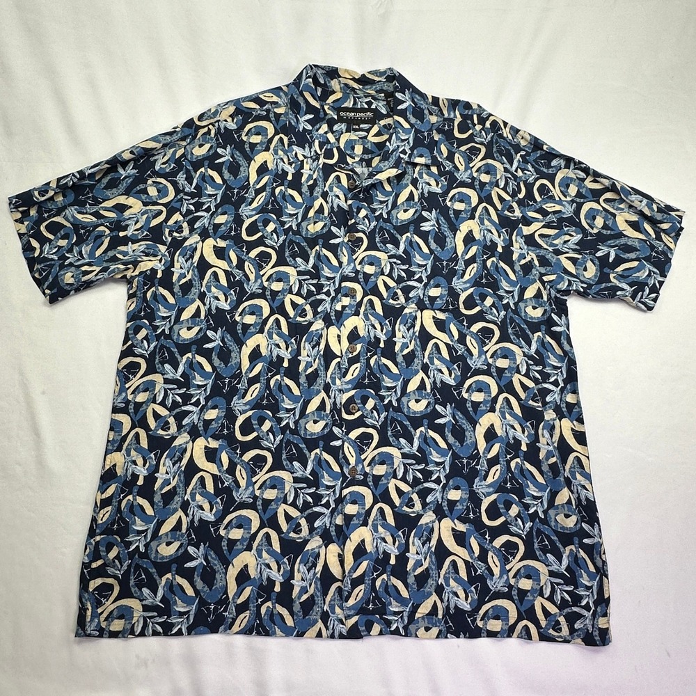 Ocean Pacific Button Up Shirt Navy Blue Abstract Nautical Rayon‎ Camp Collar